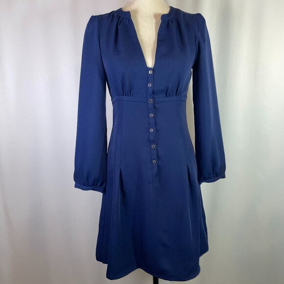 H&M Size 6 Fit & Flare Mini Dress Navy Button Down V Neck Long Sleeves - Picture 1 of 12